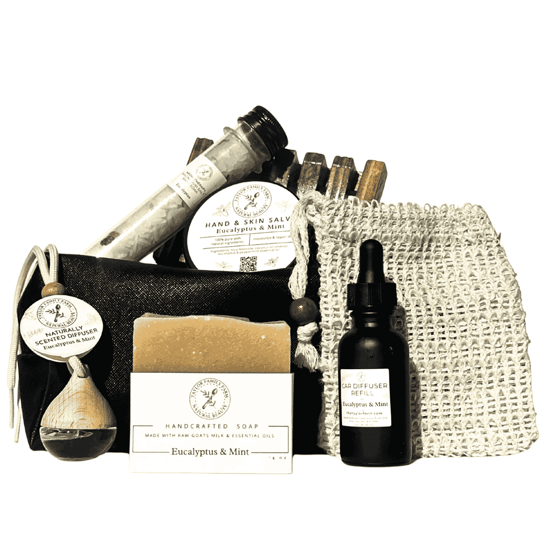 Taylor Family Farm Oxford Soap Eucalyptus & Mint Gift Set in Black Toiletry Bag – Handmade Spa Gift